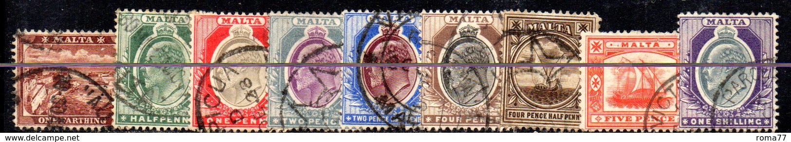 APR794 - MALTA 1907 , Edoardo VII : Serietta Usata 33A/40  Fil MultiCA  (2380A) . - Malta