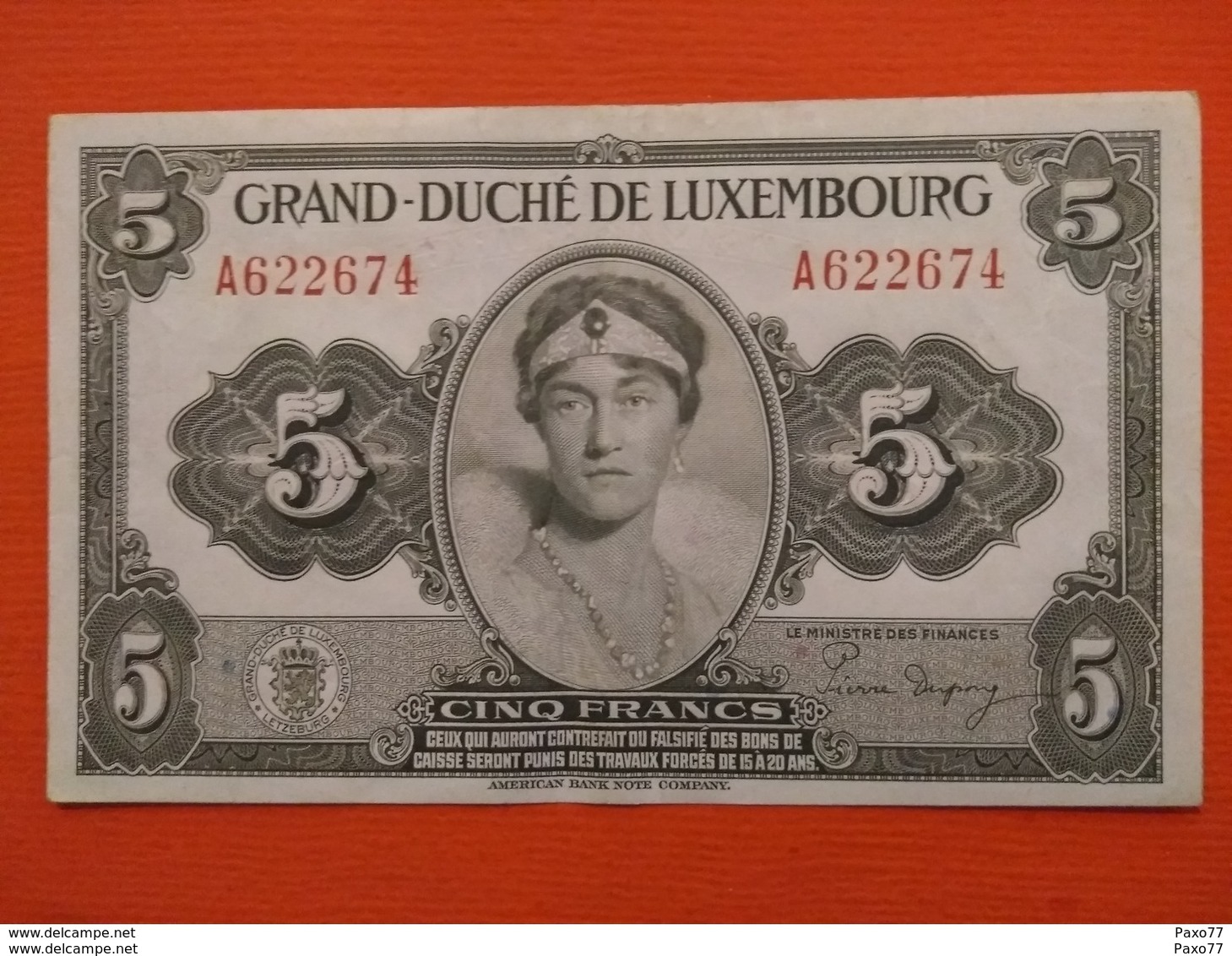 Luxembourg , 5 Francs 1944 , Tb, Série A - Luxembourg