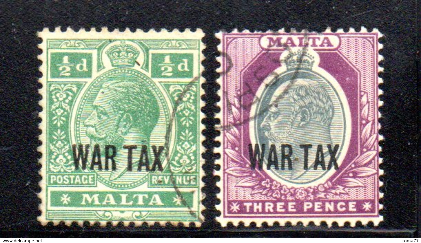 APR811 - MALTA 1917 , Giorgio V : Serie N. 55/56  Usato  Fil MultiCA  (2380A) . War Tax - Malta