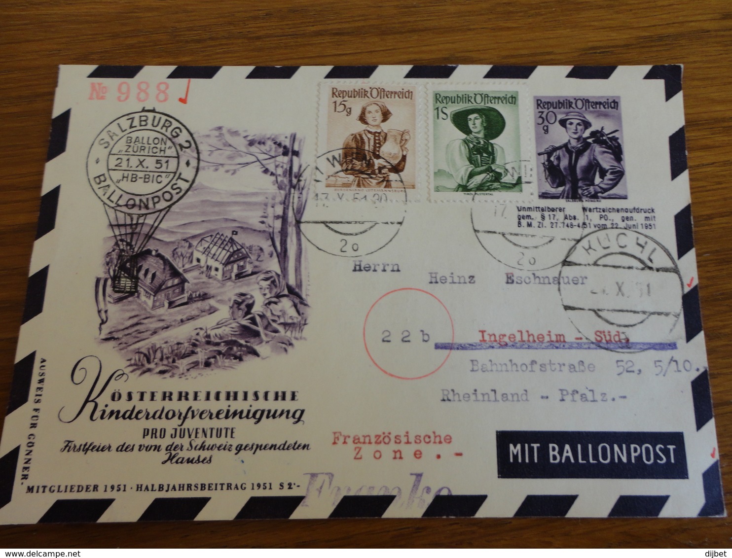 TIMBRE AUTRICHE ENTIER POSTAL PAR BALLON 1951 - Autres & Non Classés