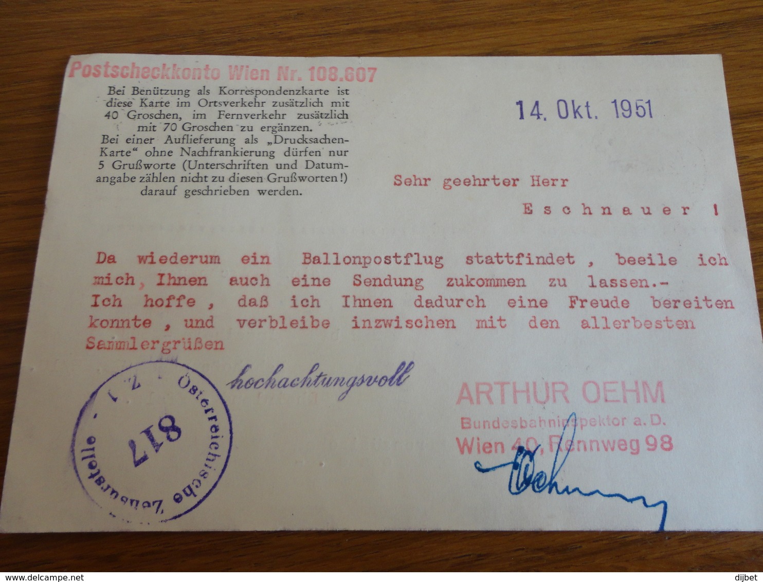 TIMBRE AUTRICHE ENTIER POSTAL PAR BALLON 1951 - Autres & Non Classés