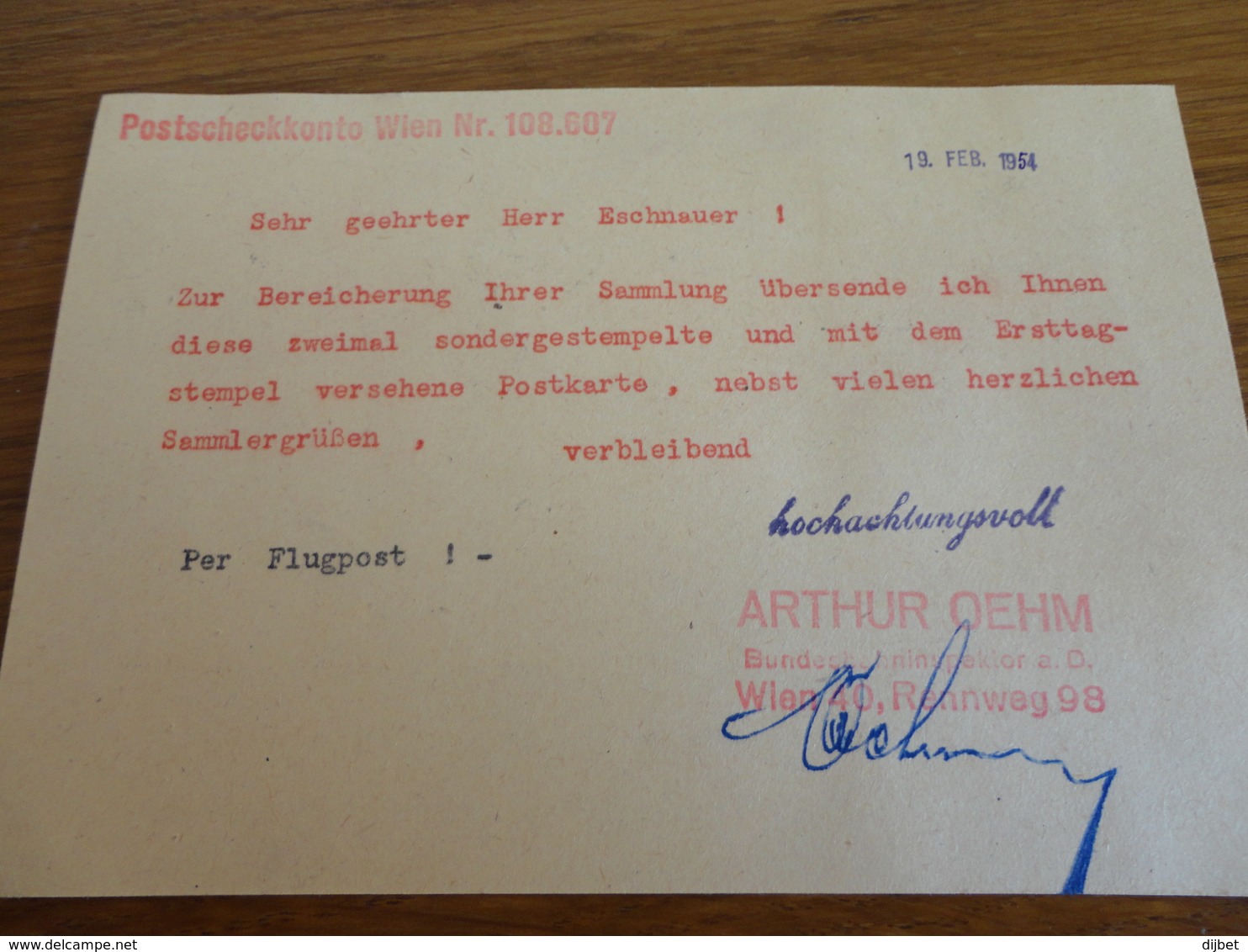 TIMBRE AUTRICHE POUR LA RHENANIE 1954 - Briefe U. Dokumente