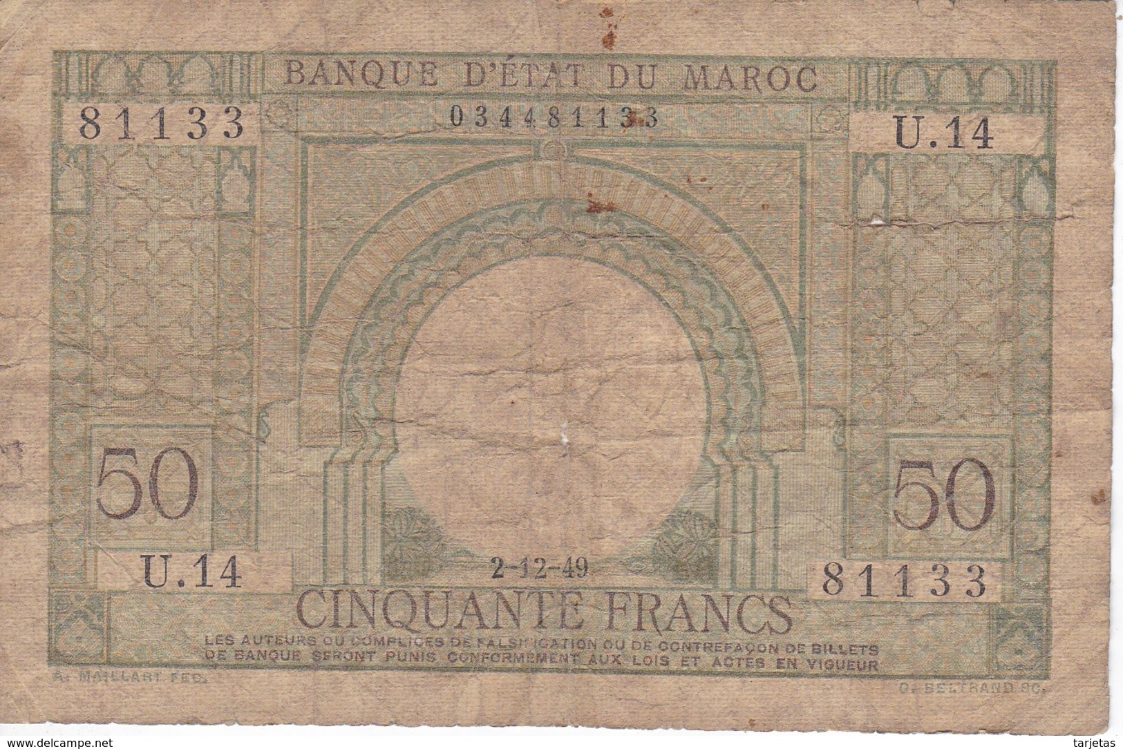BILLETE DE MARRUECOS DE 50 FRANCS DEL AÑO 1949 (BANKNOTE-BANK NOTE) - Marocco