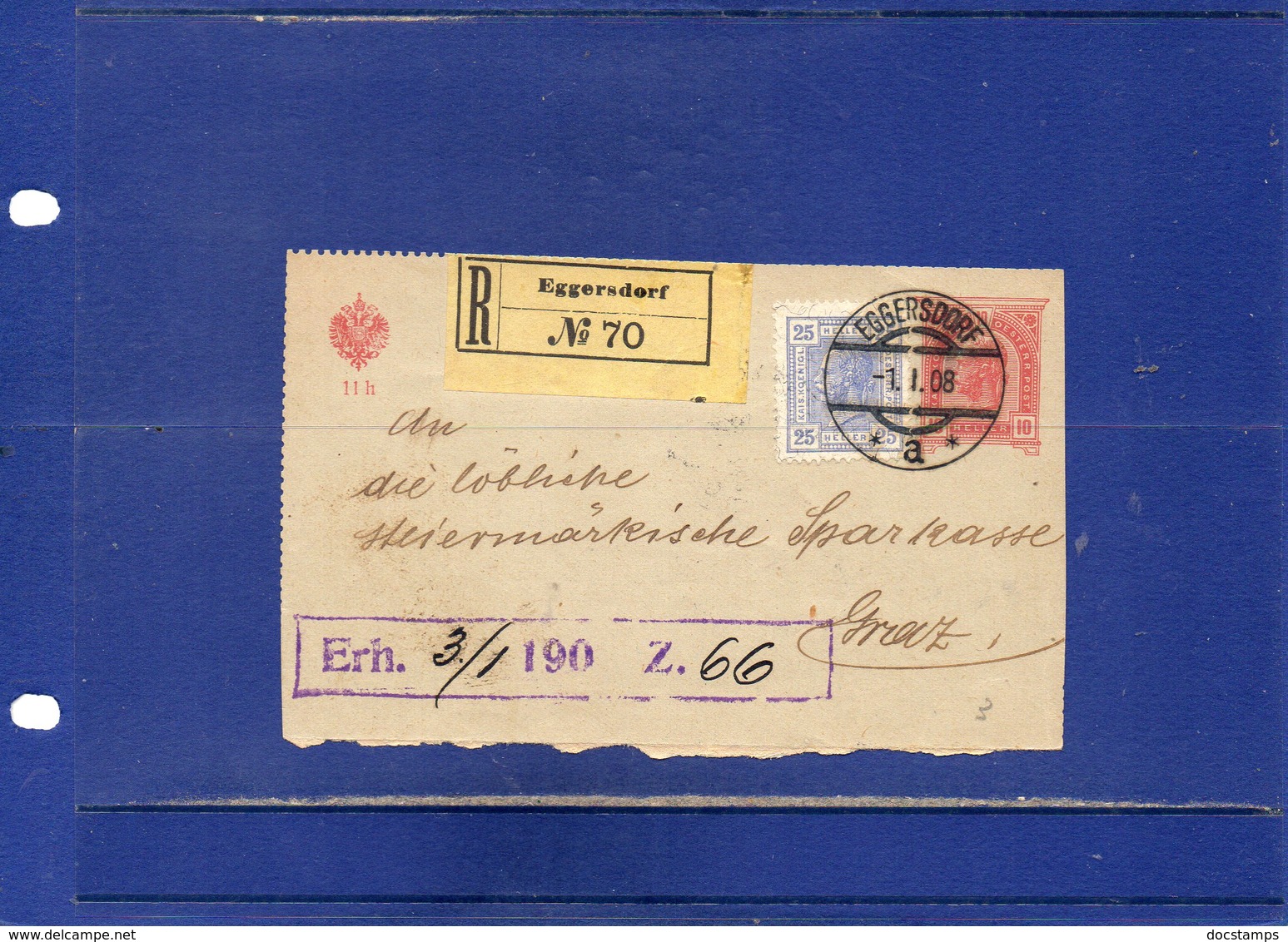 ##(DAN196)- Austria 1908-Front Of A Registered Lettersheet From Eggersdorf To Graz - Briefe U. Dokumente