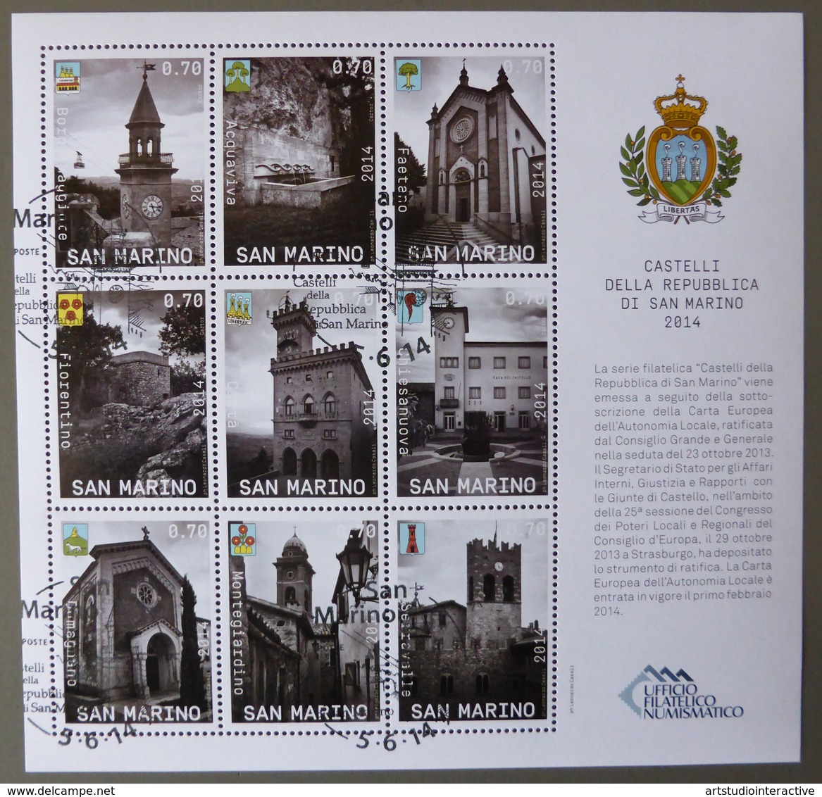 2014 SAN MARINO "CASTELLI DELLA REPUBBLICA DI SAN MARINO" MINIFOGLIO ANNULLO PRIMO GIORNO - Usati