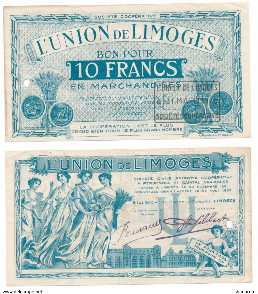 BON COMMERCIAL // LIMOGES // UNION DE LIMOGES // Dix Francs - Bons & Nécessité