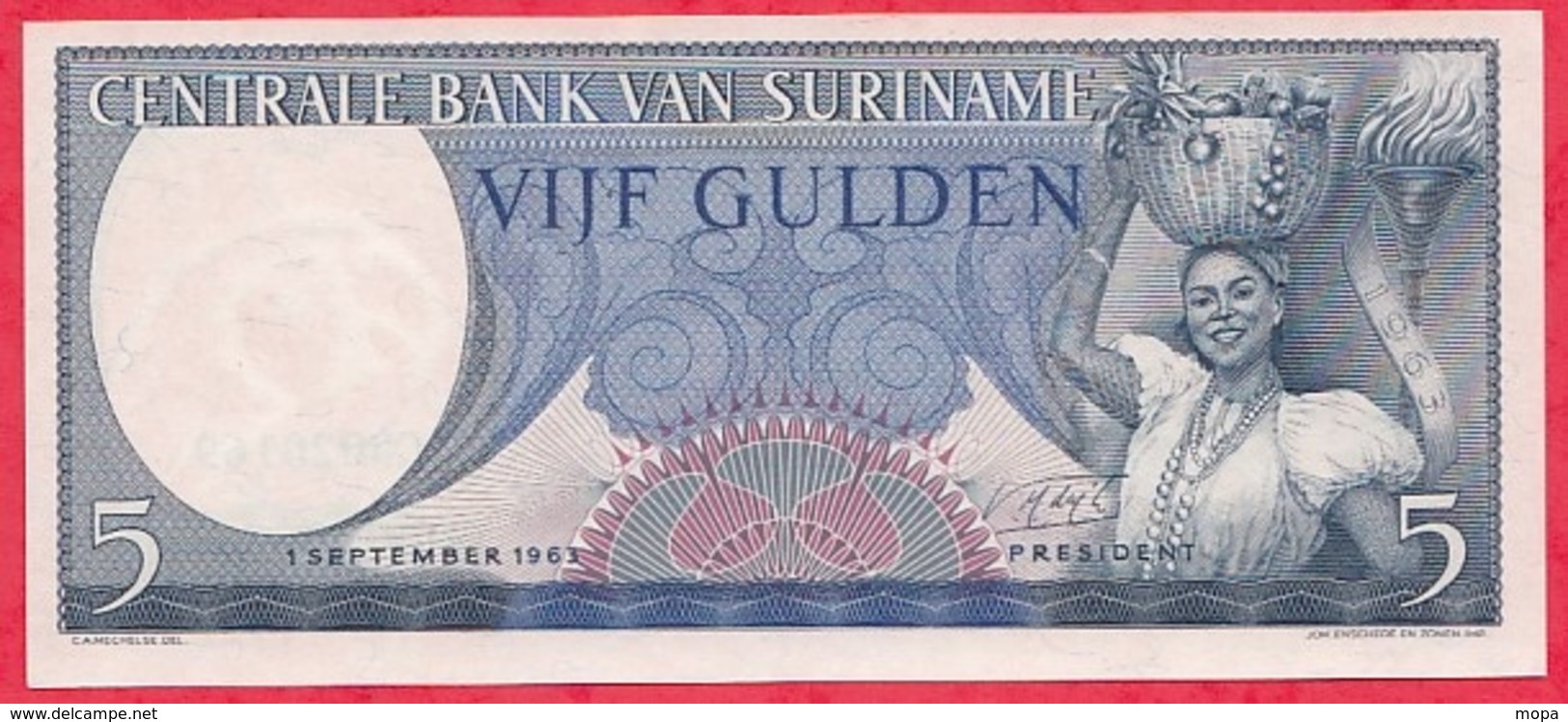 Surinam 1 Billet De  5 Gulden Du 01/09/1963  Dans L 'état Lot N °2 - Surinam