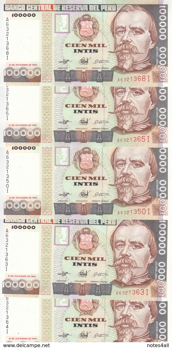 PERU 100000 INTS 1989 P-145 LOT X5 UNC NOTES  */* - Peru