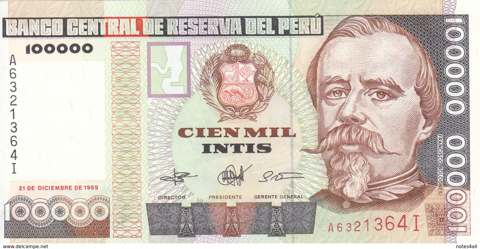 PERU 100000 INTS 1989 P-145 LOT X5 UNC NOTES  */* - Peru