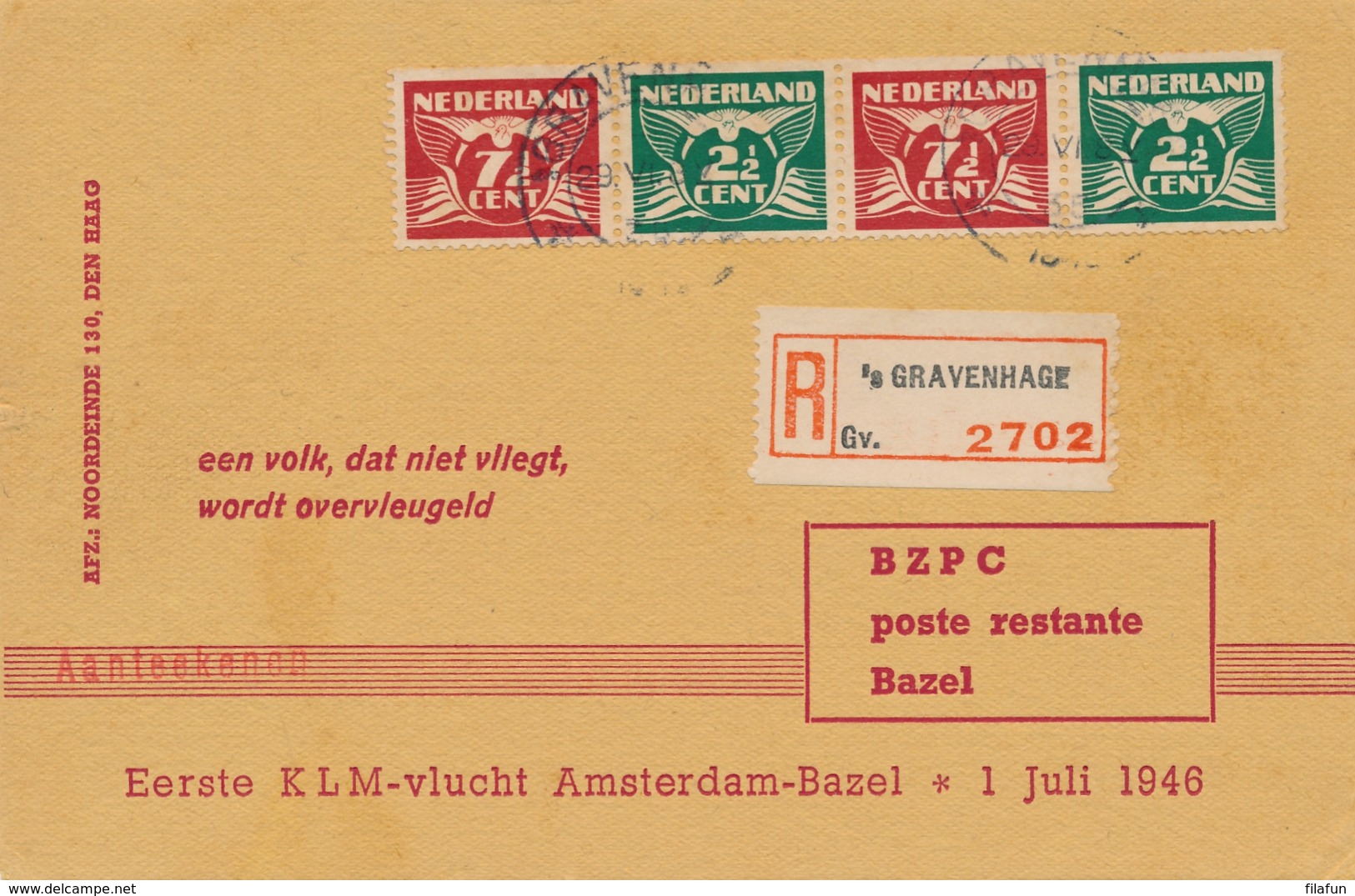 Nederland - 1946 - Strip Vliegende Duif Op R-LP-cover Met 1st Flight Amsterdam - Bazel / Schweiz - Luftpost