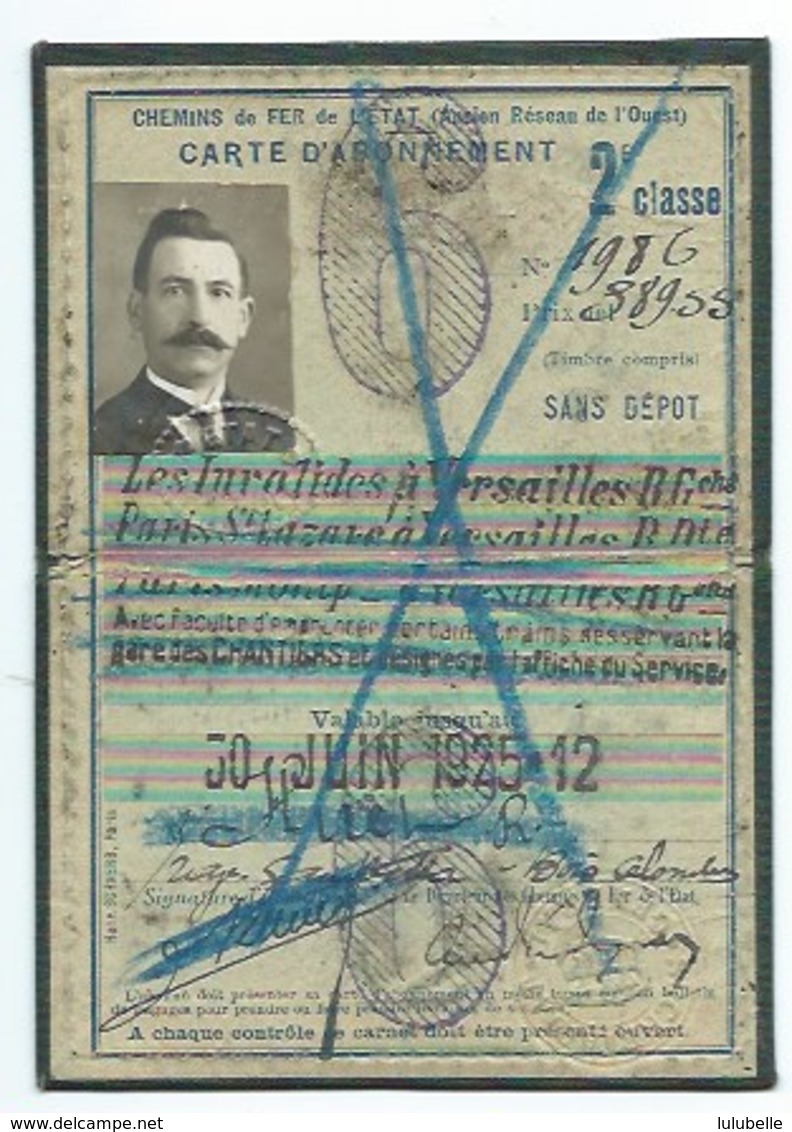 CARTE D'ABONNEMENT DU CHEMIN DE FER DE L'ETAT - LES INVALIDES A VERSAILLES - TRAIN - 2ème Classe 1925-12 - Autres & Non Classés