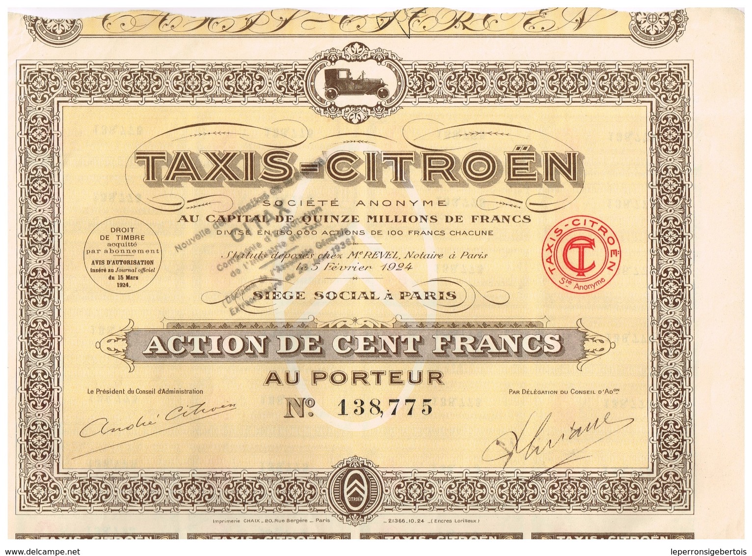 Titre Ancien - Taxis-Citroën Société Anonyme - Titre De 1924 - Automobile
