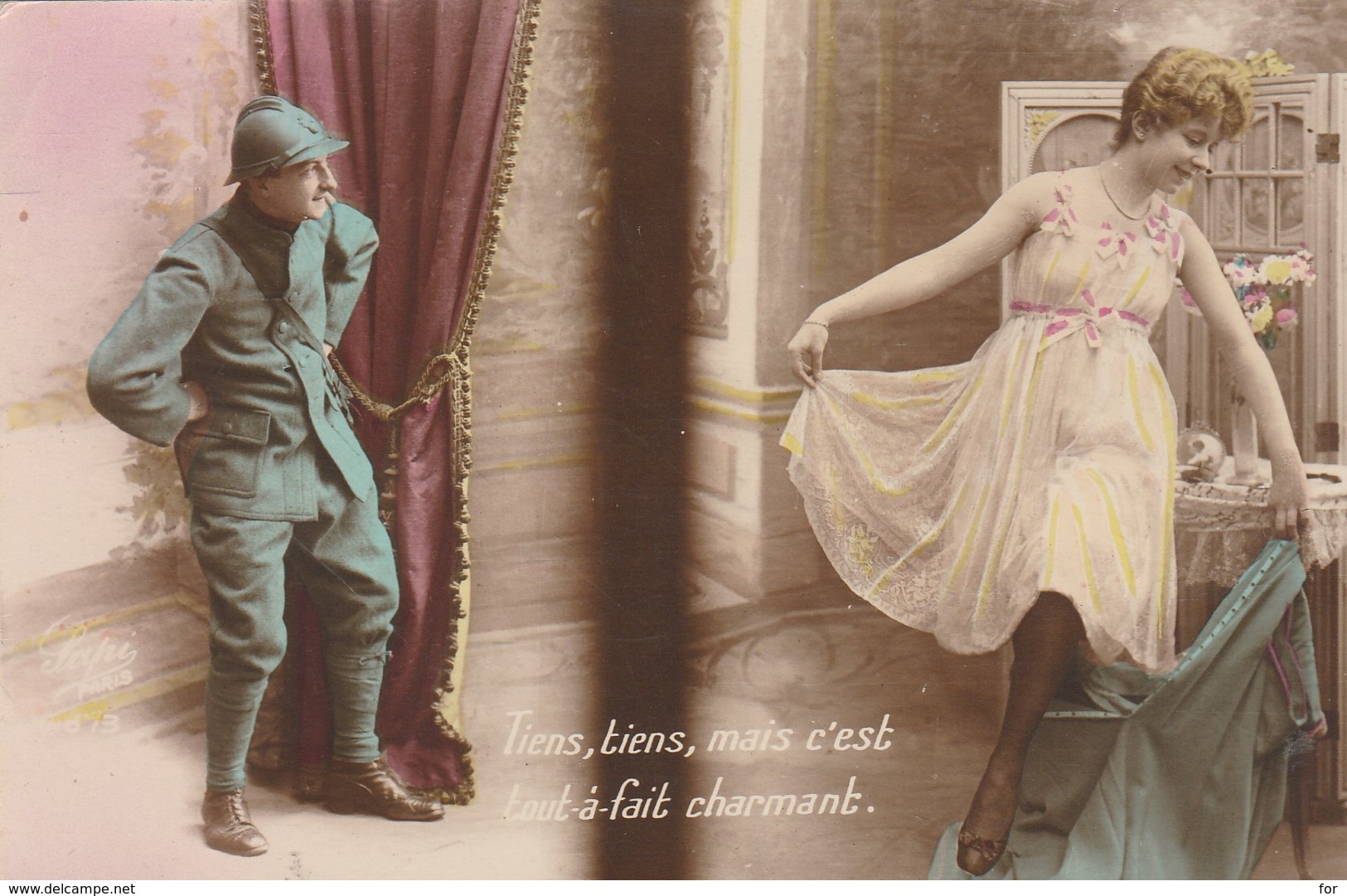 Militaria : Fantaisie : Soldat Admiratif Devant Une Prostituée : Expéd. Belfort ( Colorisée ) - War 1914-18