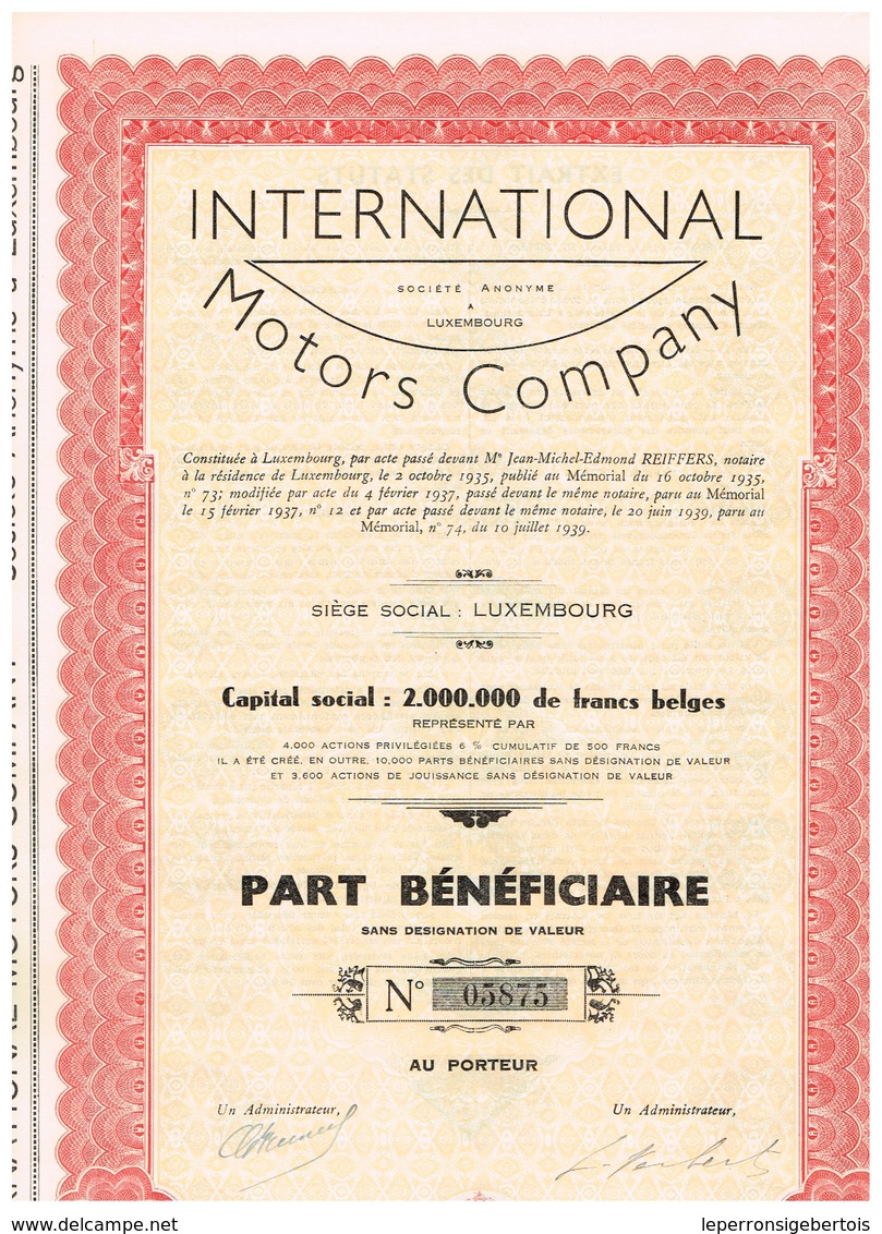 Titre Ancien - International Motors Company -  Société Anonyme - Titre De 1939 - Automobile