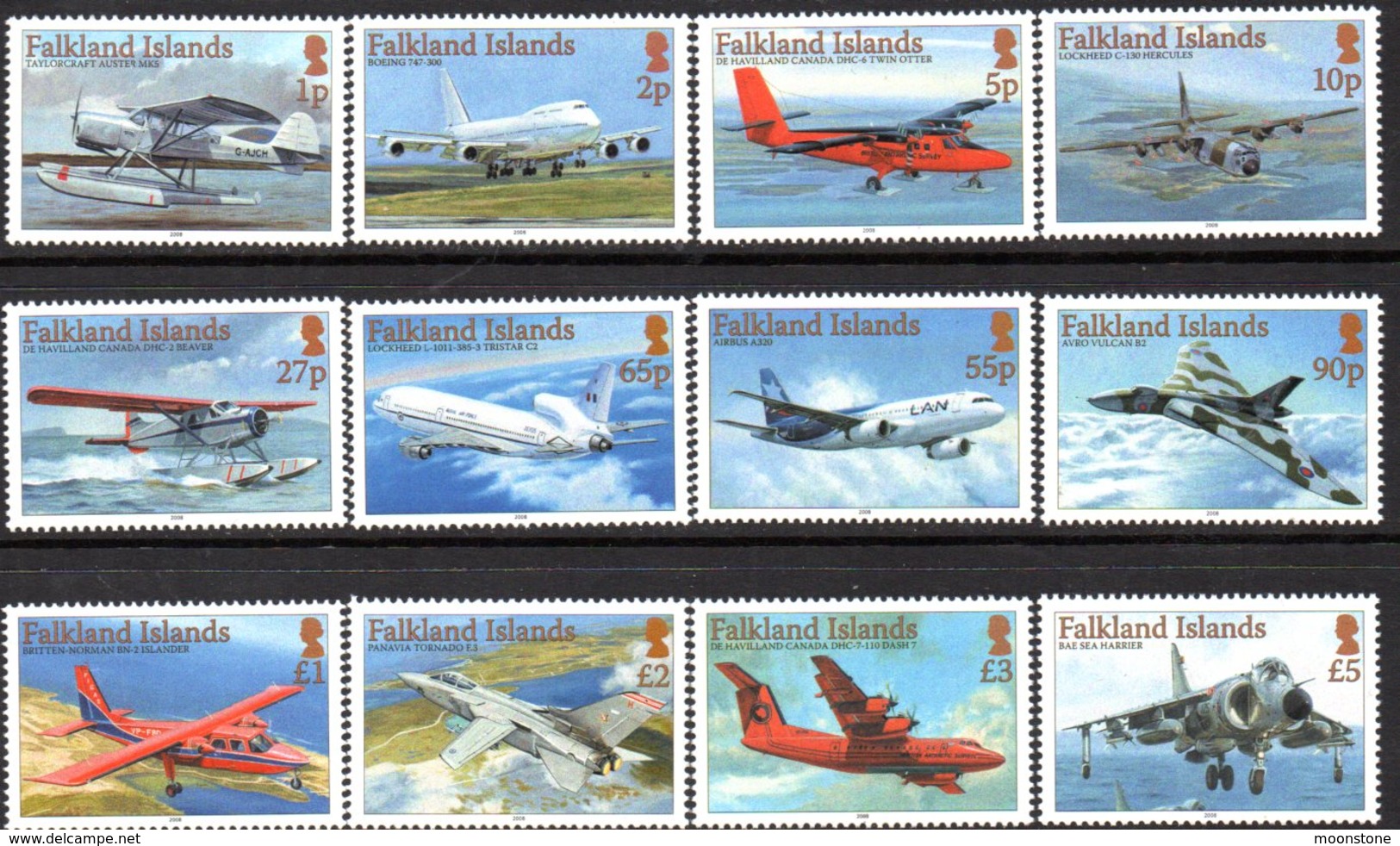 Falkland Islands 2008 Aircraft Definitives Set Of 12, MNH, SG 1096/1107 - Falkland Islands