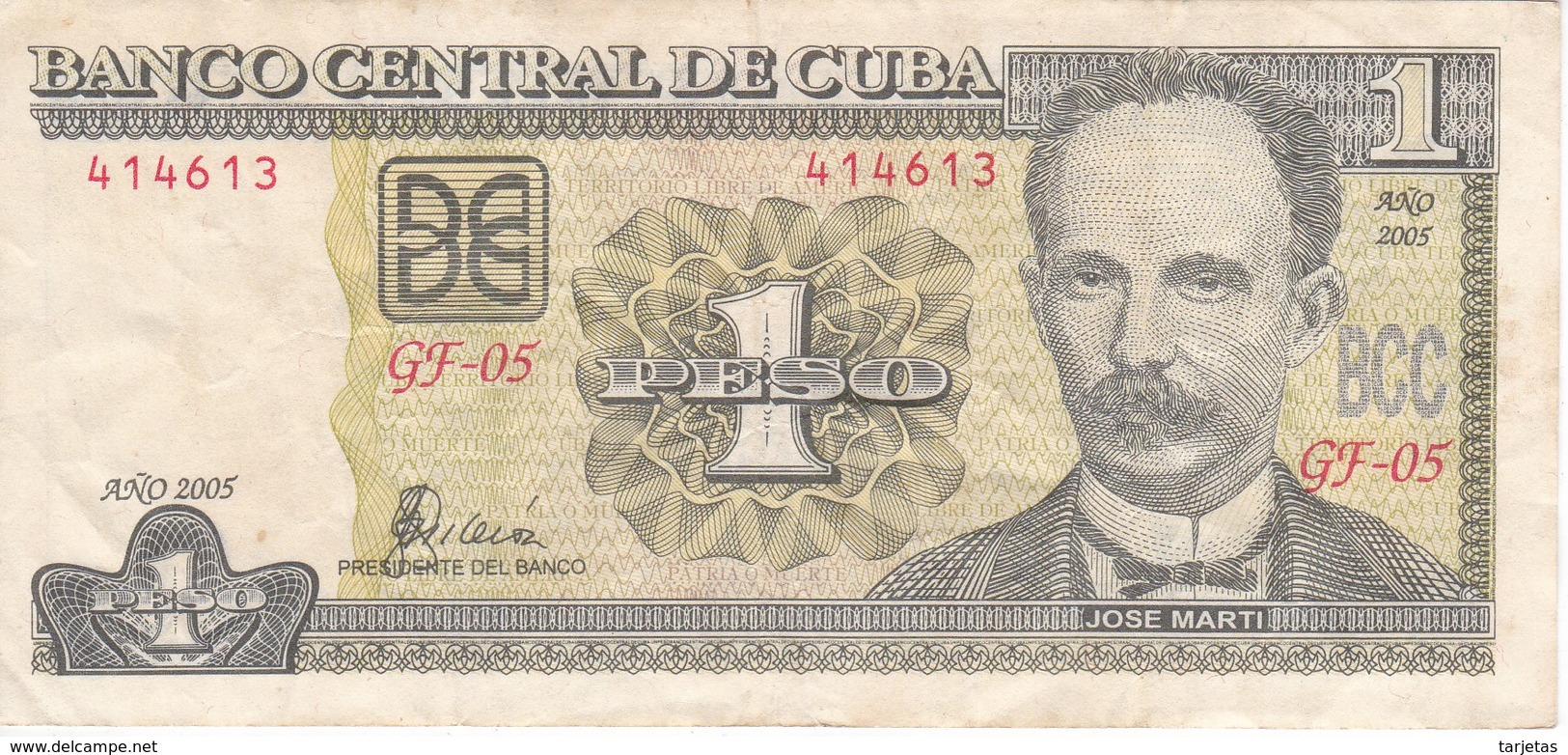 BILLETE DE CUBA DE 1 PESO DEL AÑO 2005  (BANK NOTE)  JOSE MARTI - Cuba