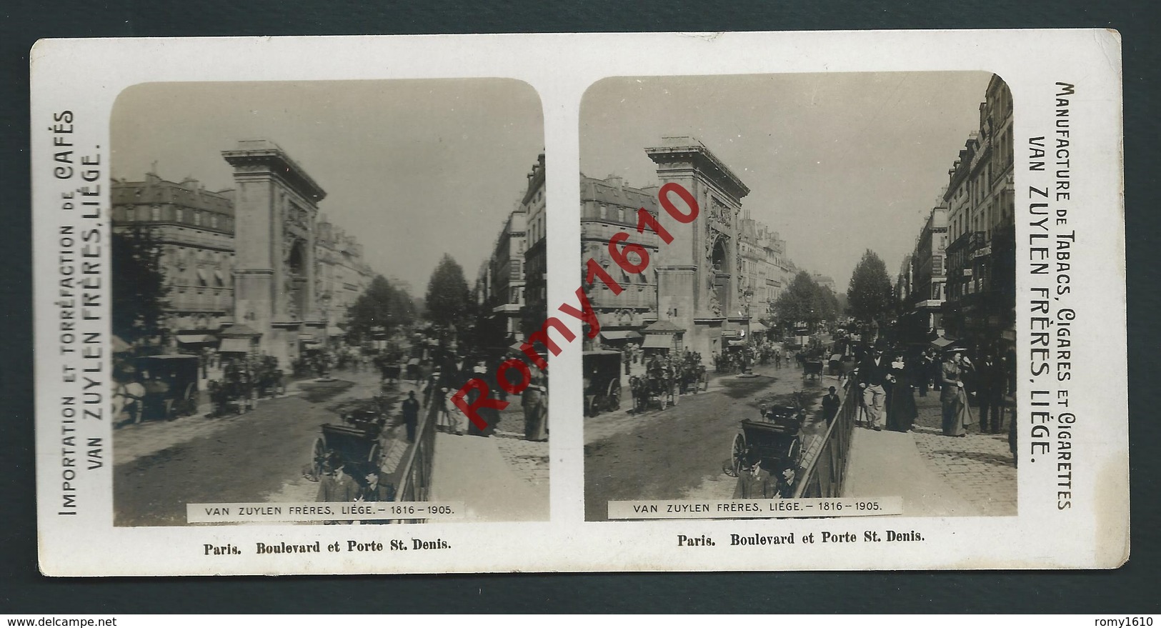 France. Paris. Photo Stéréoscopique. Boulevard Et Porte St. Denis.  Publicité Café, Van Zuylen, Tabacs, Cigares. - Stereoscopic