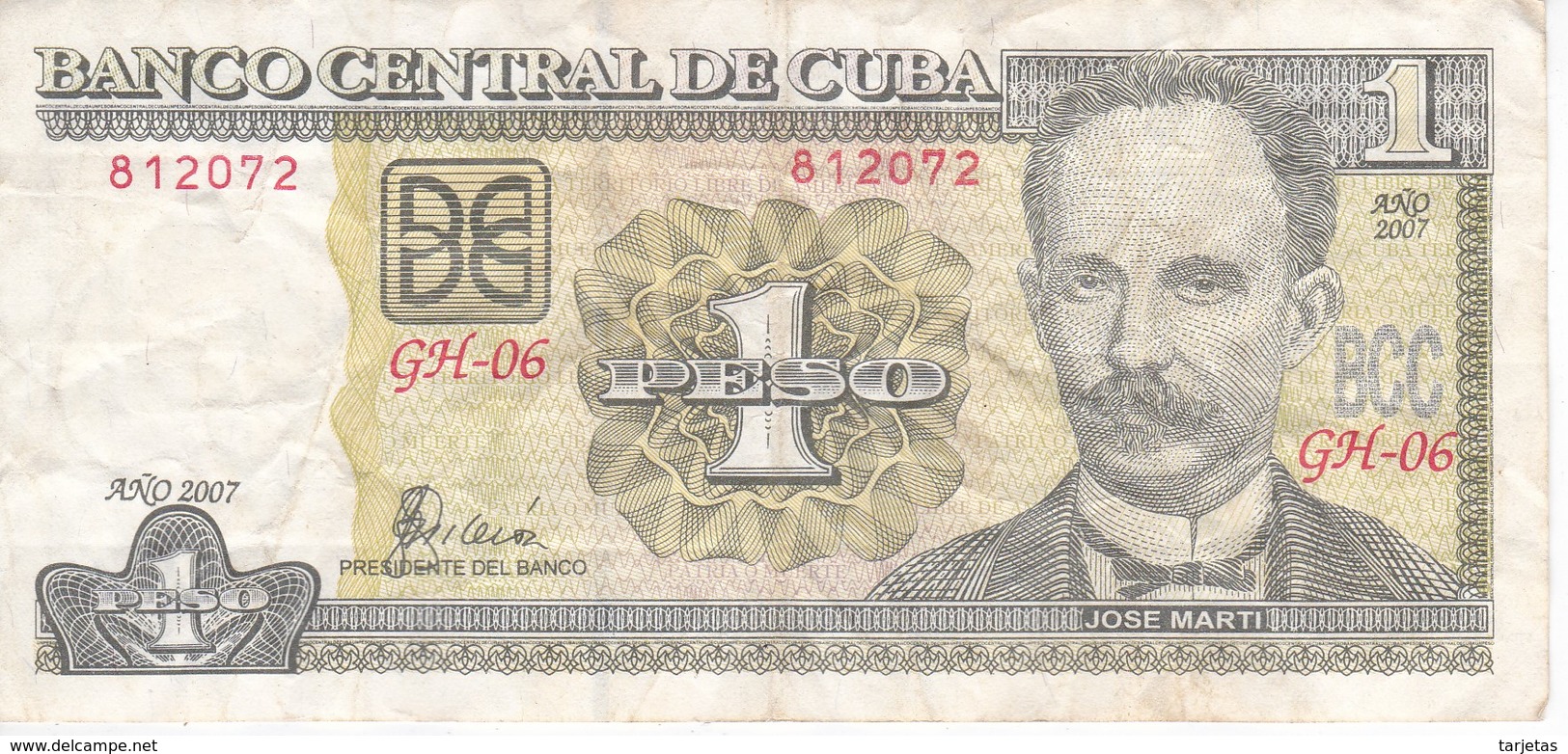 BILLETE DE CUBA DE 1 PESO DEL AÑO 2007  (BANK NOTE)  JOSE MARTI - Cuba