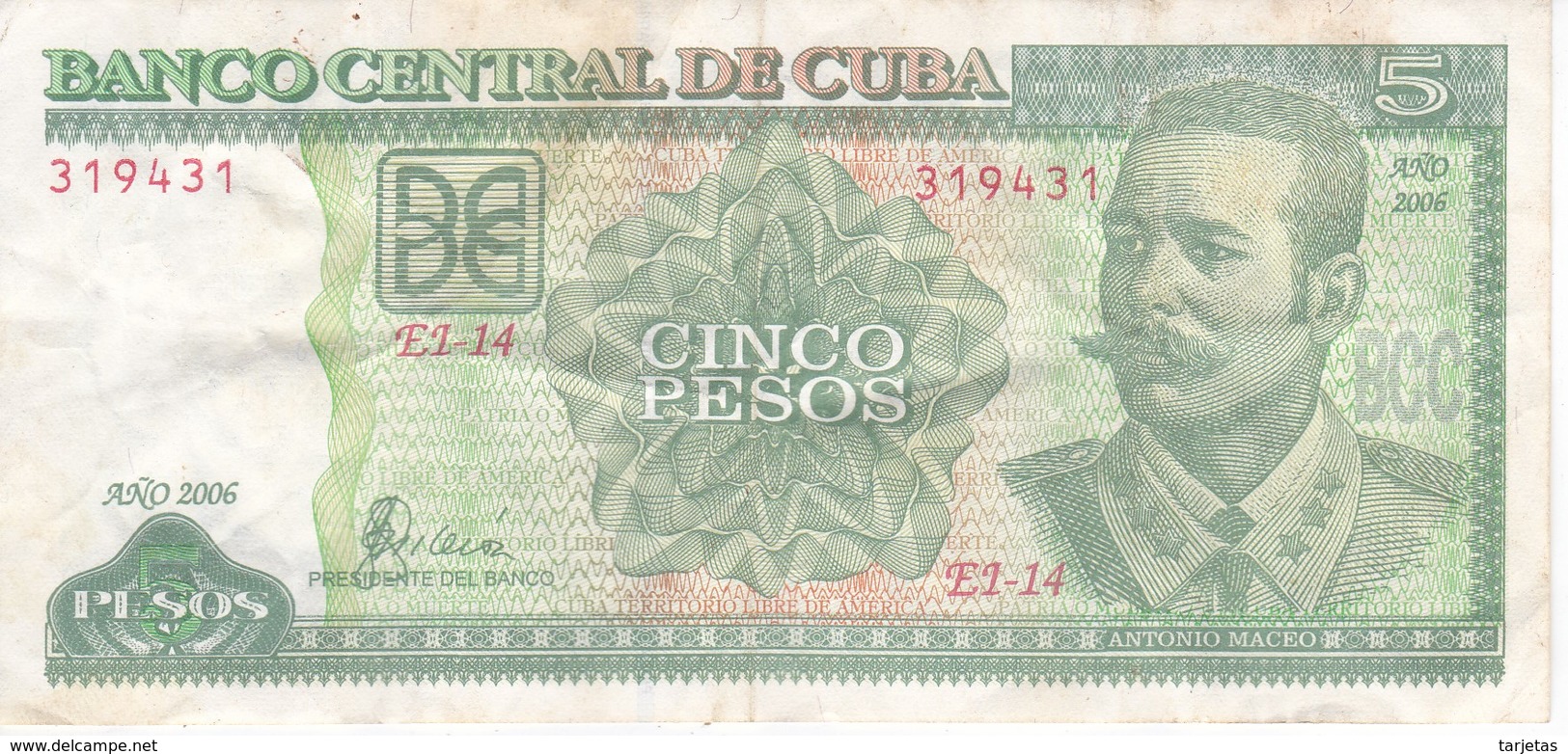 BILLETE DE CUBA DE 5 PESOS DEL AÑO 2006 DE ANTONIO MACEO  (BANKNOTE) - Cuba