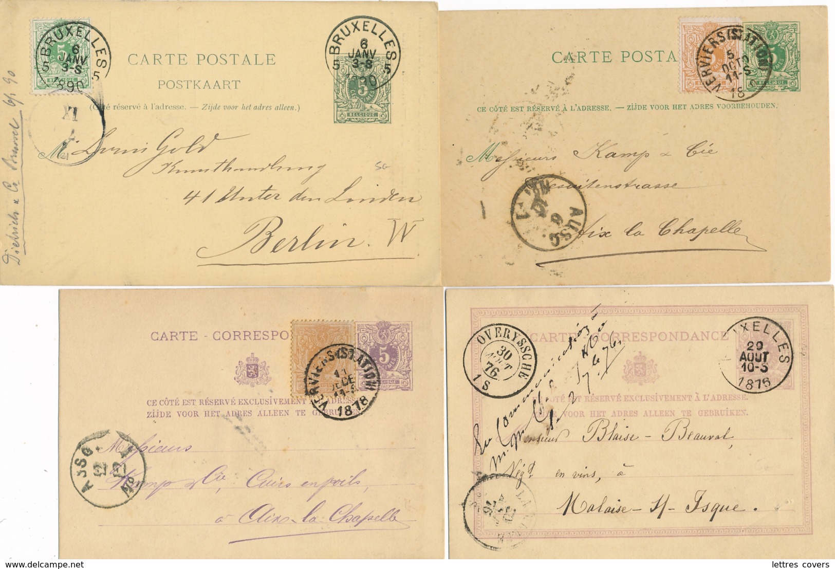 Belgique 4 Entiers CP LION COUCHÉ Dont Cplt Affrt N°28 Et 28a Tarif Etranger - Postcards 1871-1909