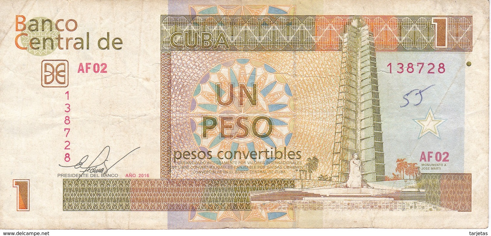 BILLETE DE CUBA DE 1 PESO CONVERTIBLE DEL AÑO 2016  (BANKNOTE) - Cuba