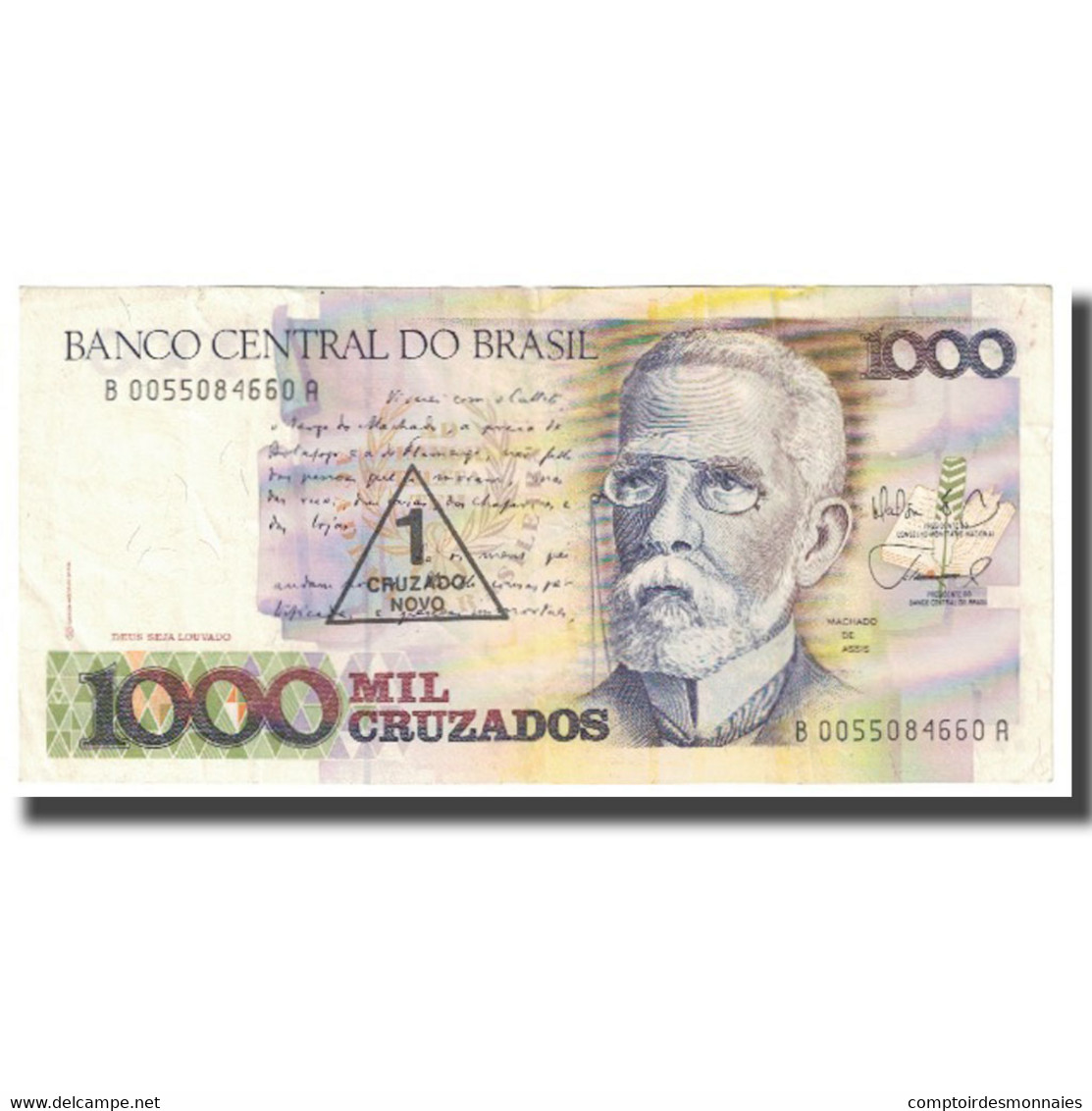 Billet, Brésil, 1 Cruzado Novo On 1000 Cruzados, KM:216b, TTB - Brazil