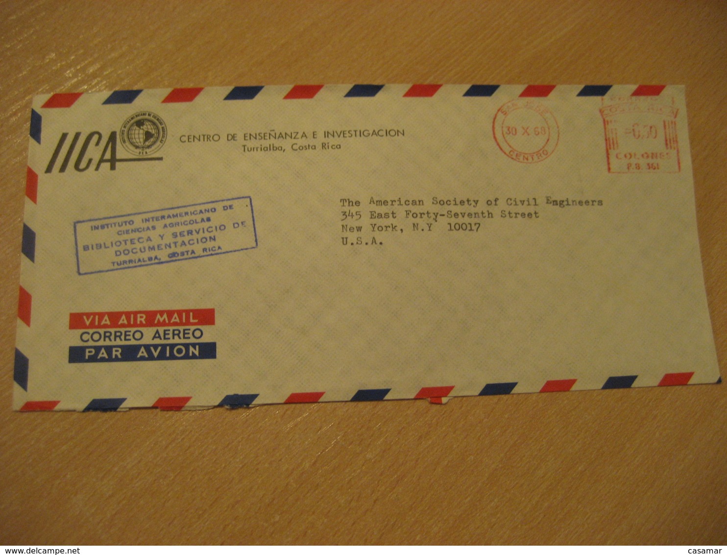 SAN JOSE 1968 To New York USA Inst. Int. Ciencias Agricolas TURRIALBA Meter Mail Cancel Air Cover COSTA RICA Agriculture - Agriculture