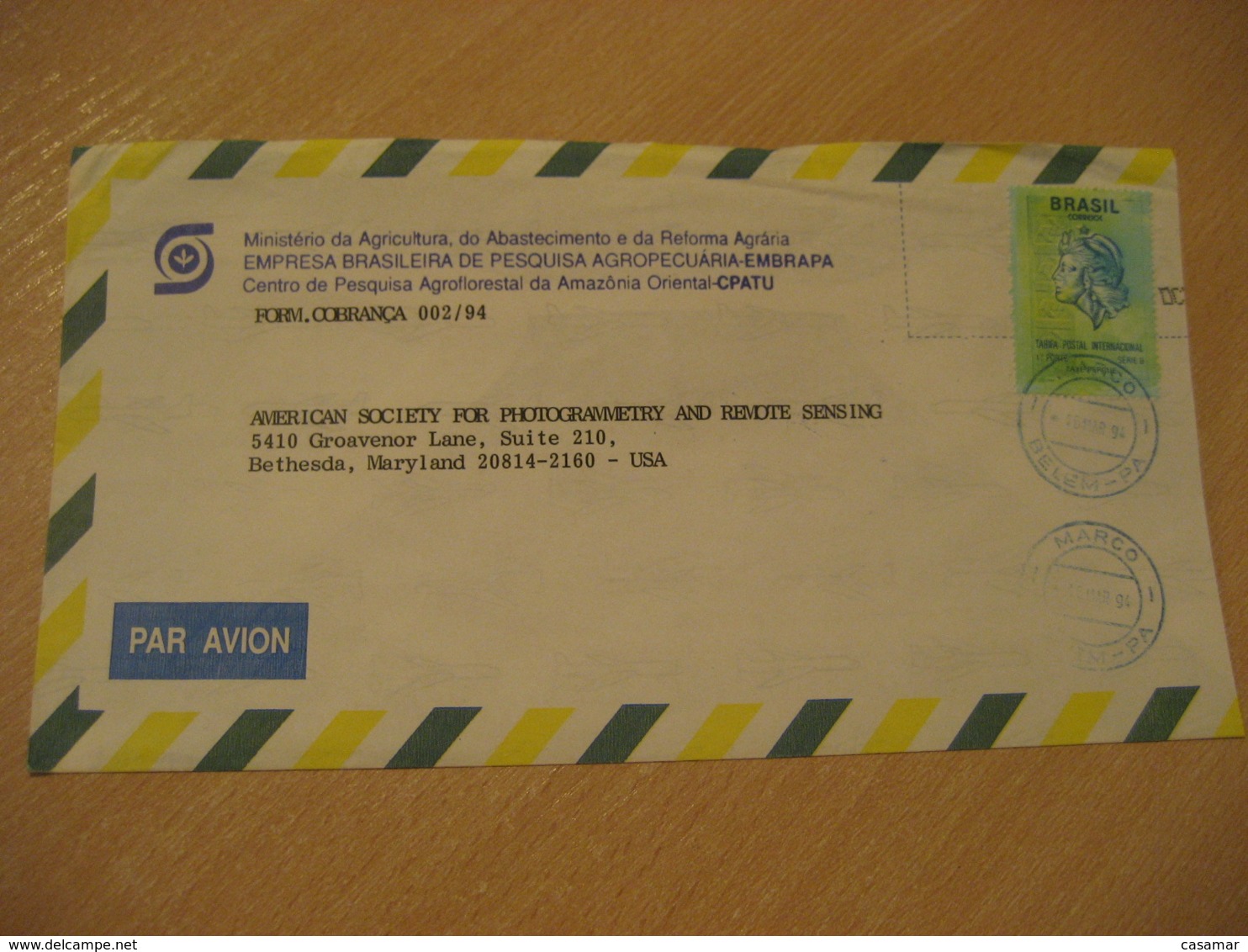 MARCO BELEM 1994 To Bethesda USA Ministerio Da Agricultura Agropecuaria Cancel Air Mail Cover BRASIL Brazil Agriculture - Agriculture