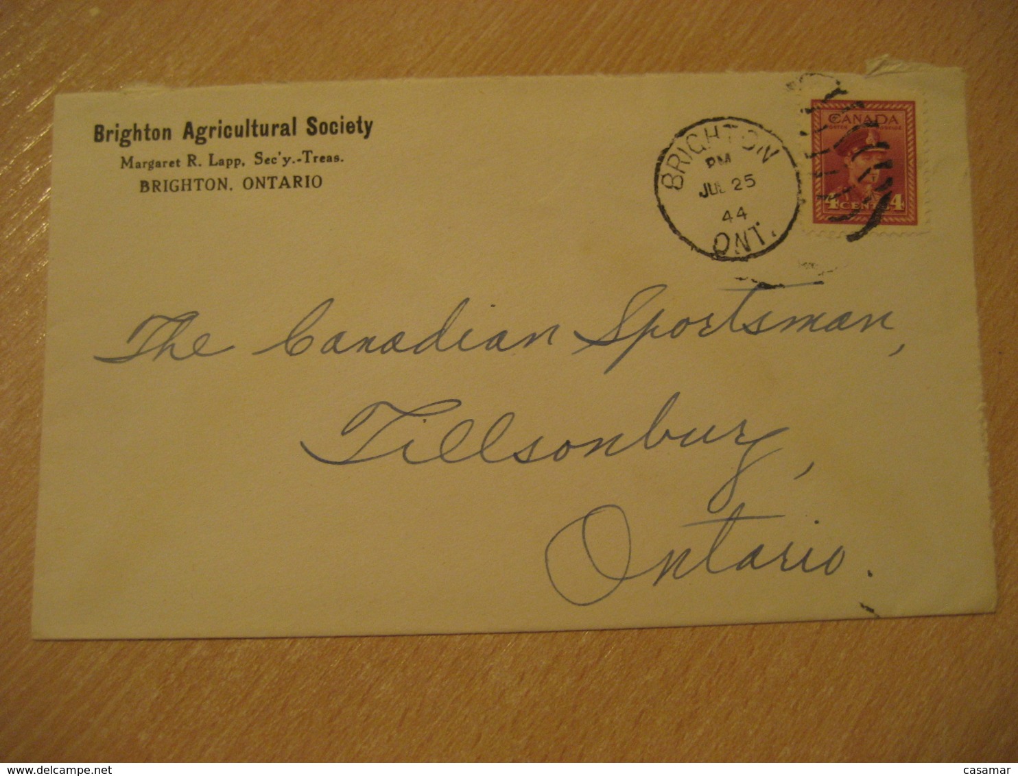 BRIGHTON 1944 To Tillsonburg Agricultural Society Advertising Cover Cancel CANADA Agriculture - Agriculture