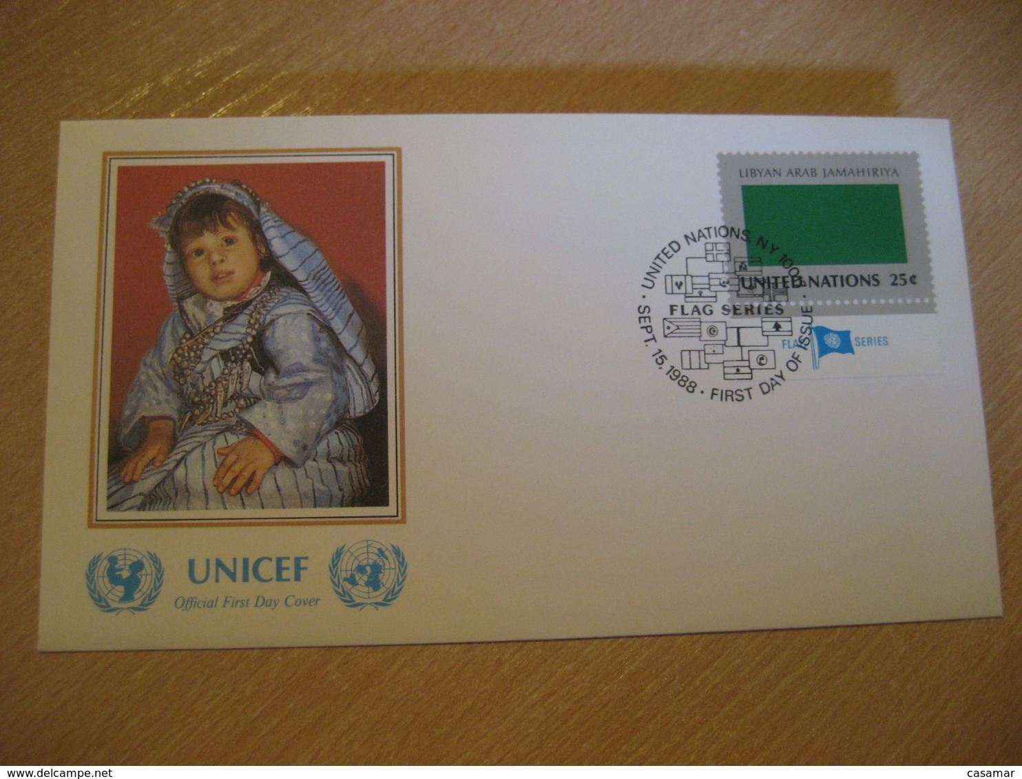 NEW YORK 1988 UNICEF Flag Series Suzan Treiki Painting FDC Cancel Cover LIBYA Libia United Nations USA - Libye