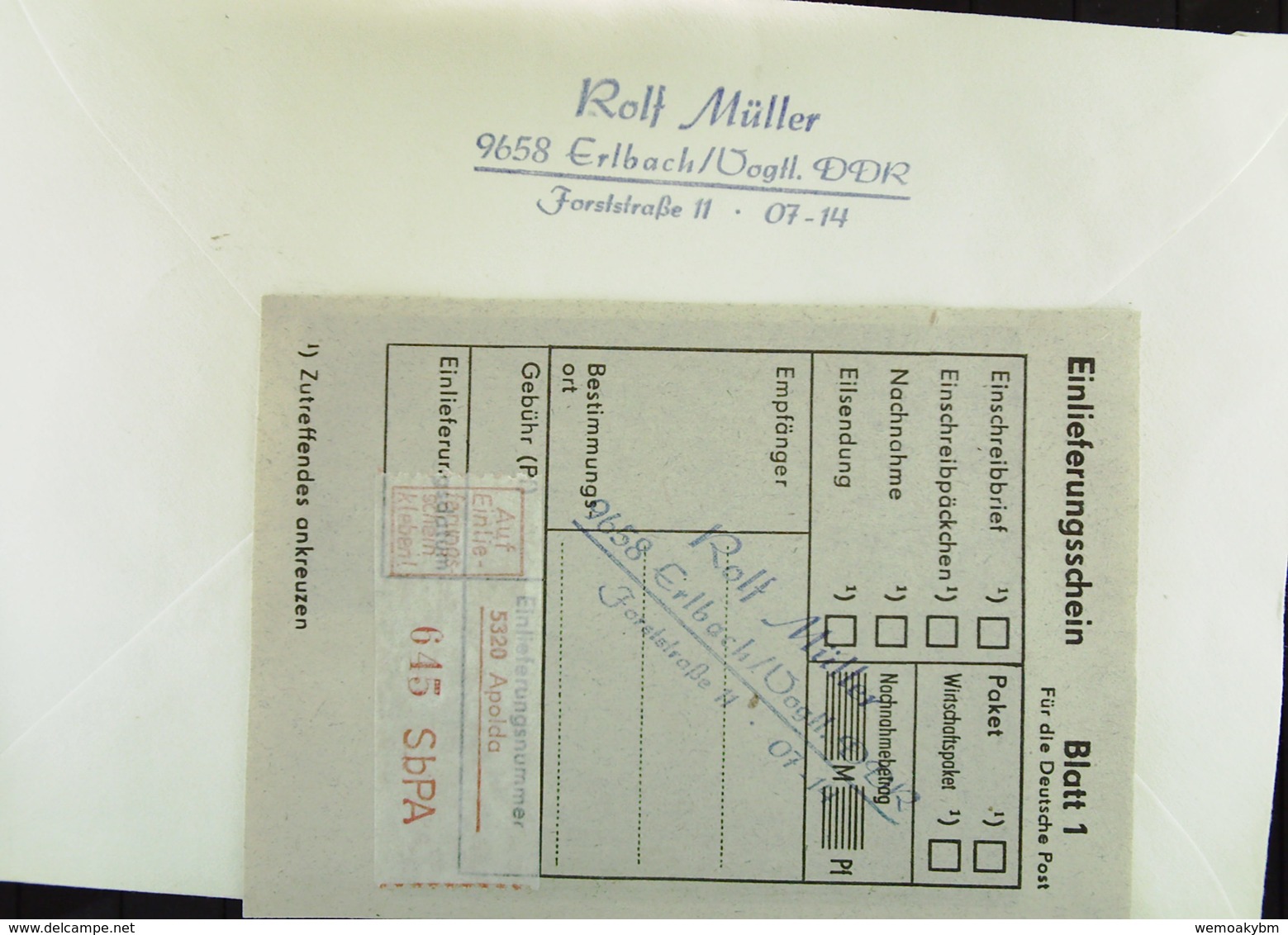 DDR: R-Fern-Bf 10+5 Pf. Int. Solidarität Mit SbPA-R-Zettel 3, 5320 Apolda (645), Portogerecht 26.6.90 Knr: 2548 (7) - Etiquetas De Certificado