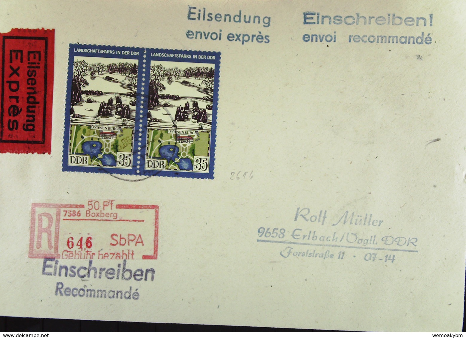 DDR: R-Eil-Fern-Bf 35 Pf Wiesenburg Landschaftsparks Mit SbPA-R-Zettel 3, 7586 Boxberg (646), 25.6.90 Knr: 2616 (2) - Etiquetas De Certificado