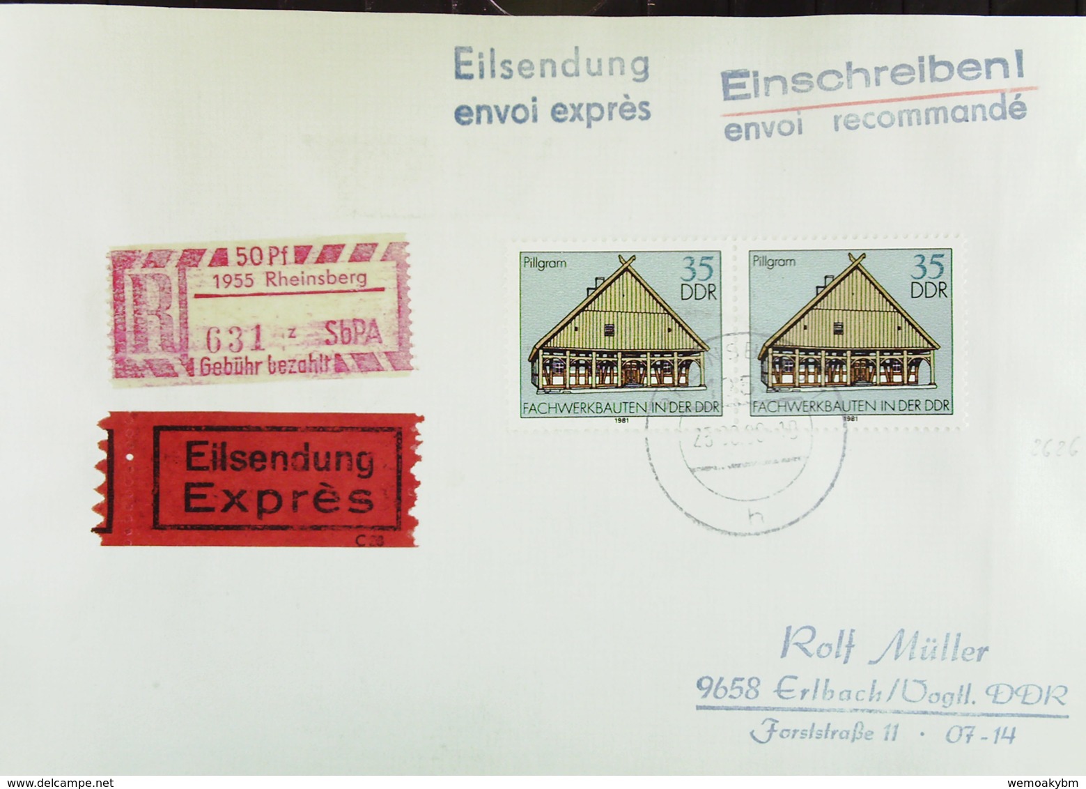 DDR: R-Eil-Fern-Bf 35 Pf Fachwerkbauten II Pillgram Mit SbPA-R-Zettel 2, 1955 Rheinsberg (631), 26.6.90 Knr: 2626 (2) - Etichette Di Raccomandazione