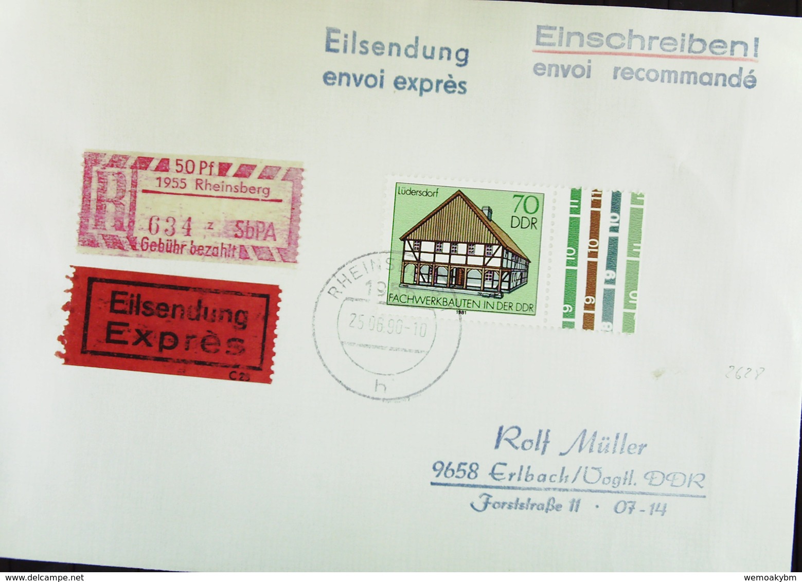 DDR: R-Eil-Fern-Bf 35 Pf Fachwerkbauten II Lüdersdorf Mit SbPA-R-Zettel 2, 1955 Rheinsberg (634), 25.6.90 Knr: 2628 - Etiquetas De Certificado