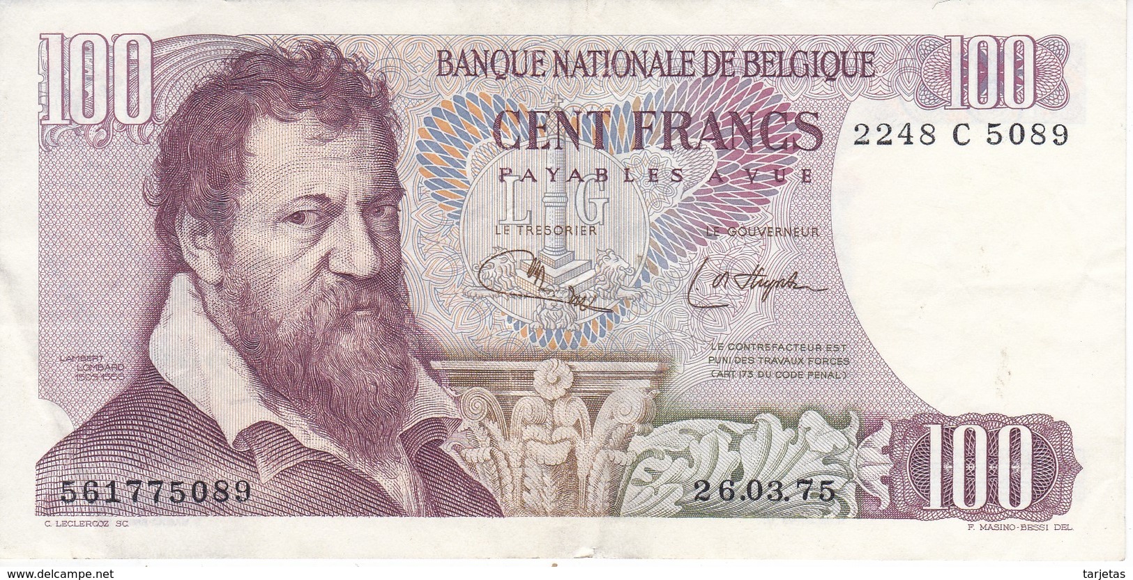 BILLETE DE BELGICA DE 100 FRANCOS DEL AÑO 1964  DE LAMBERT LOMBARD  (BANK NOTE) - 100 Franchi