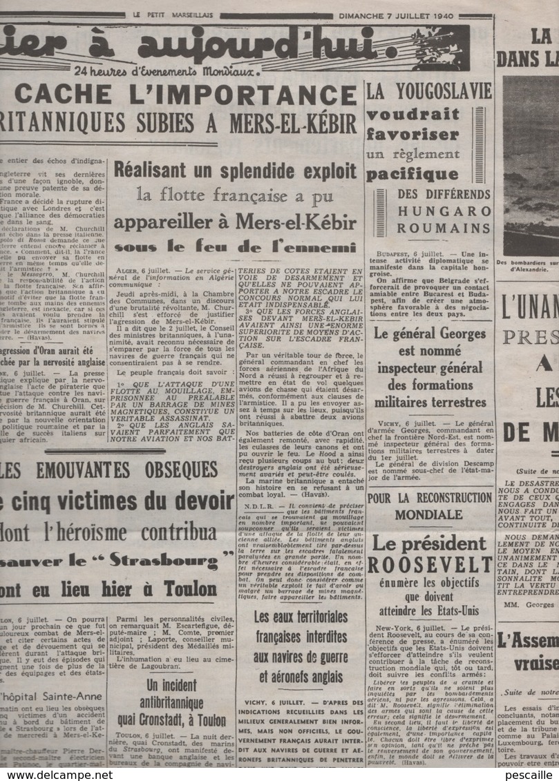 LE PETIT MARSEILLAIS 07 07 1940 - MERS EL KEBIR - MARSEILLE - GARD 30 - VICHY - TOULON - ROUMANIE - COLONIES ... - Le Petit Marseillais