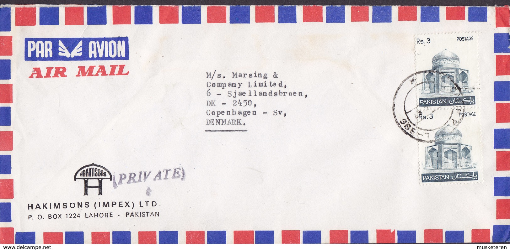 Pakistan Air Mail Par Avion HAKIMSONS (Impex) Ltd., LAHORE Cover Brief Denmark 2x Rs. 3 Stamps - Pakistan