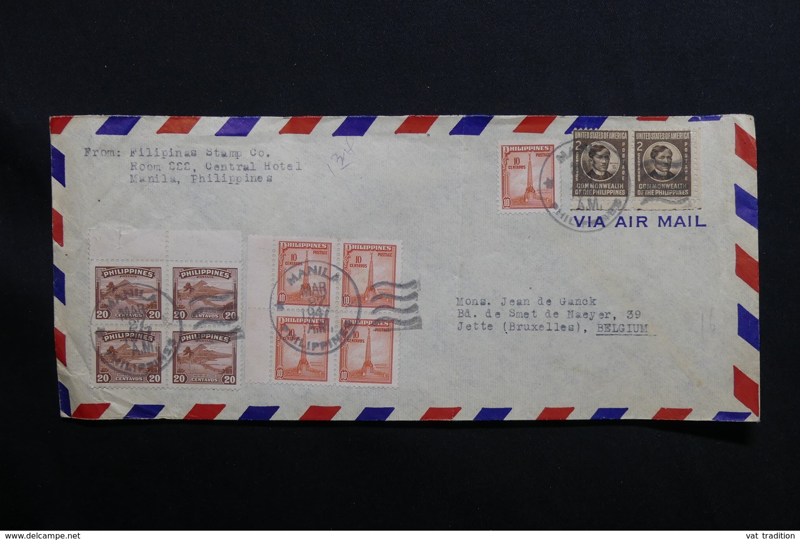 PHILIPPINES - Enveloppe D' Hôtel De Manille Pour La Belgique En 1947 , Affranchissement Plaisant - L 28533 - Philippines