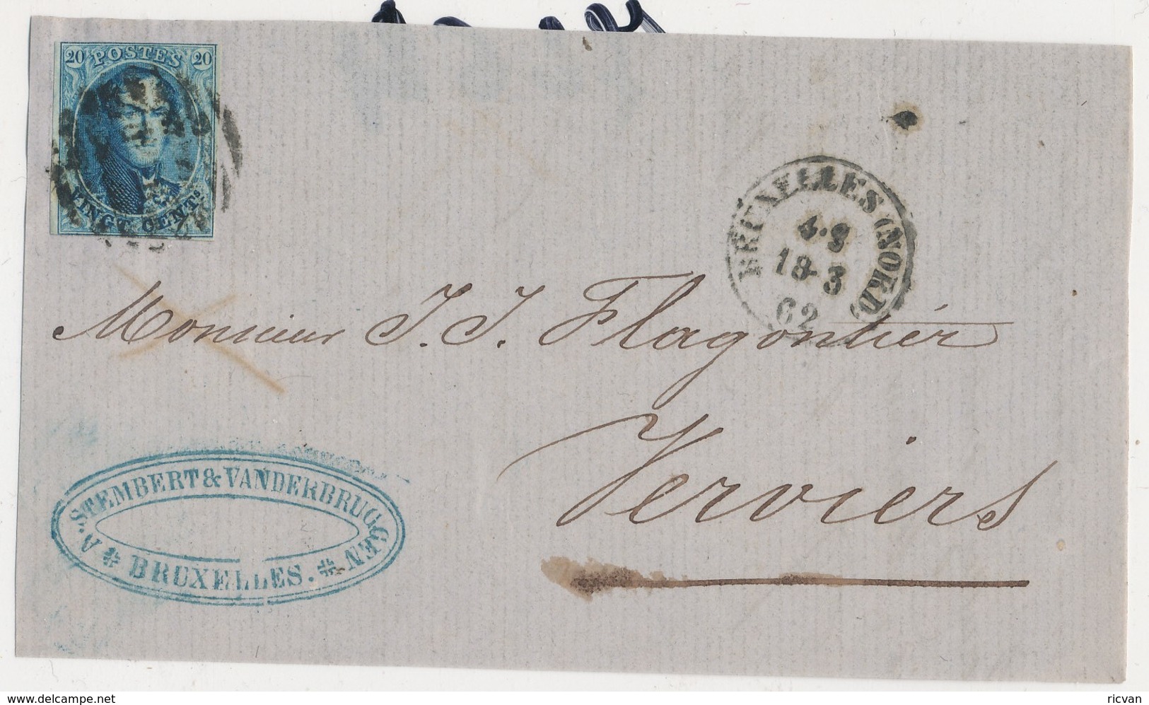 1862 BRIEFFRONT COB 11(?) V. BRUXELLES(NORD) N. VERVIERS Zie Scan(s) - 1858-1862 Médaillons (9/12)