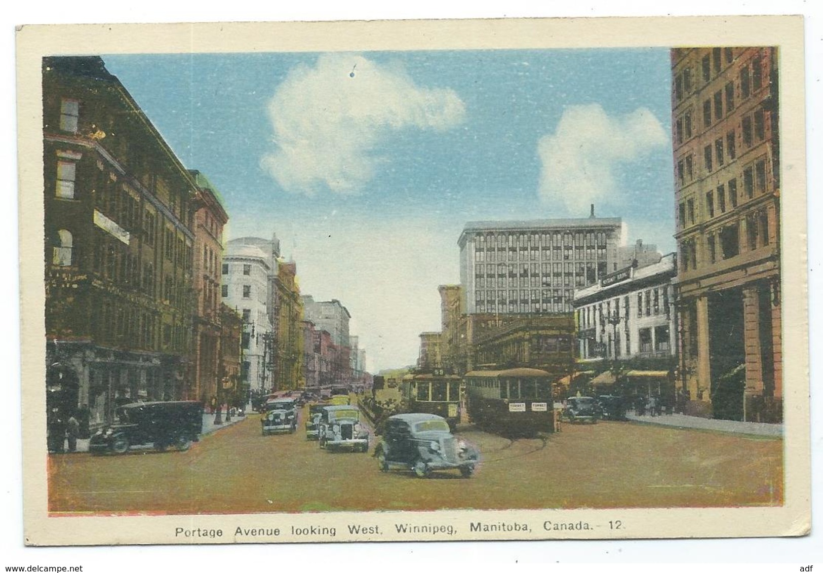 CPSM COLORISEE MANITOBA, AUTOS VOITURES ANCIENNES, TACOTS, TRAM, TRAMWAY, PORTAGE AVENUE LOOKING WEST WINNIPEG, CANADA - Sonstige & Ohne Zuordnung