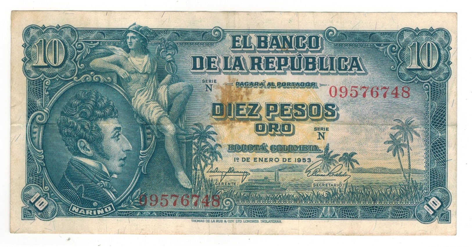 Colombia 10 Pesos 1953,  VF. RARE. - Colombia