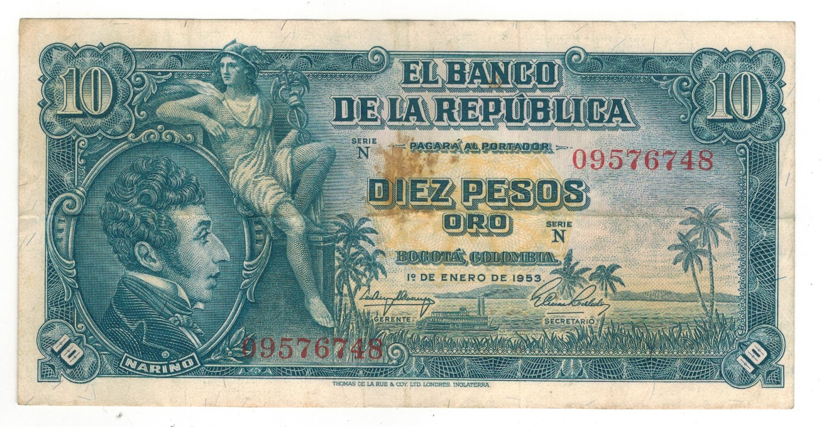 Colombia 10 Pesos 1953,  VF. RARE. - Kolumbien