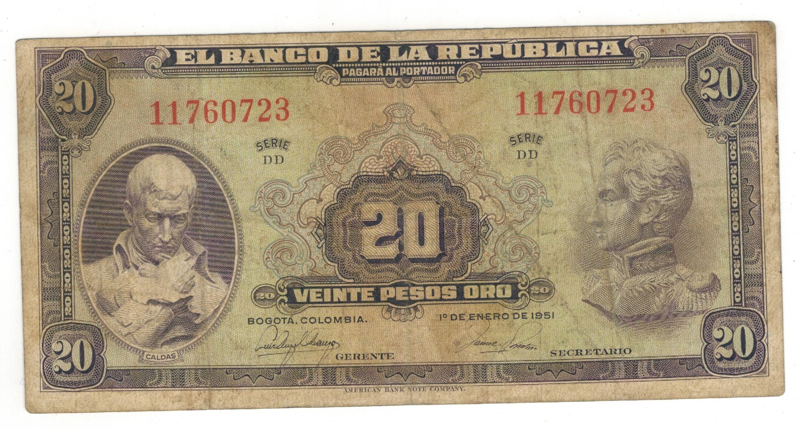 Colombia 20 Pesos 1951,  F/VF. RARE. - Kolumbien