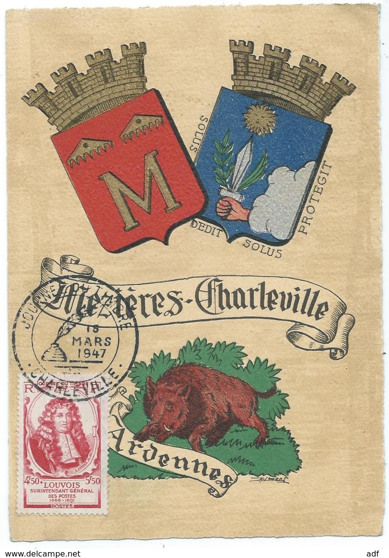 CPSM MEZIERES CHARLEVILLE, JOURNEE DU TIMBRE 1947, TIMBRE LOUVOIS, TAMPON CHARLEVILLE, BARRE & DAYEZ, ( ARDENNES 08 ) - Tag Der Briefmarke