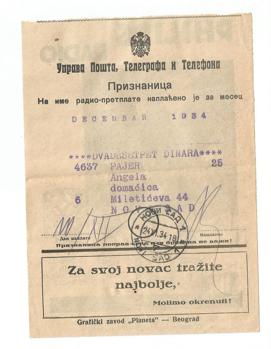 Kingdom Of Yugoslavia 1934 PTT Post Telegraph & Telephone Directions Receipt PHILIPS Radio - Briefe U. Dokumente