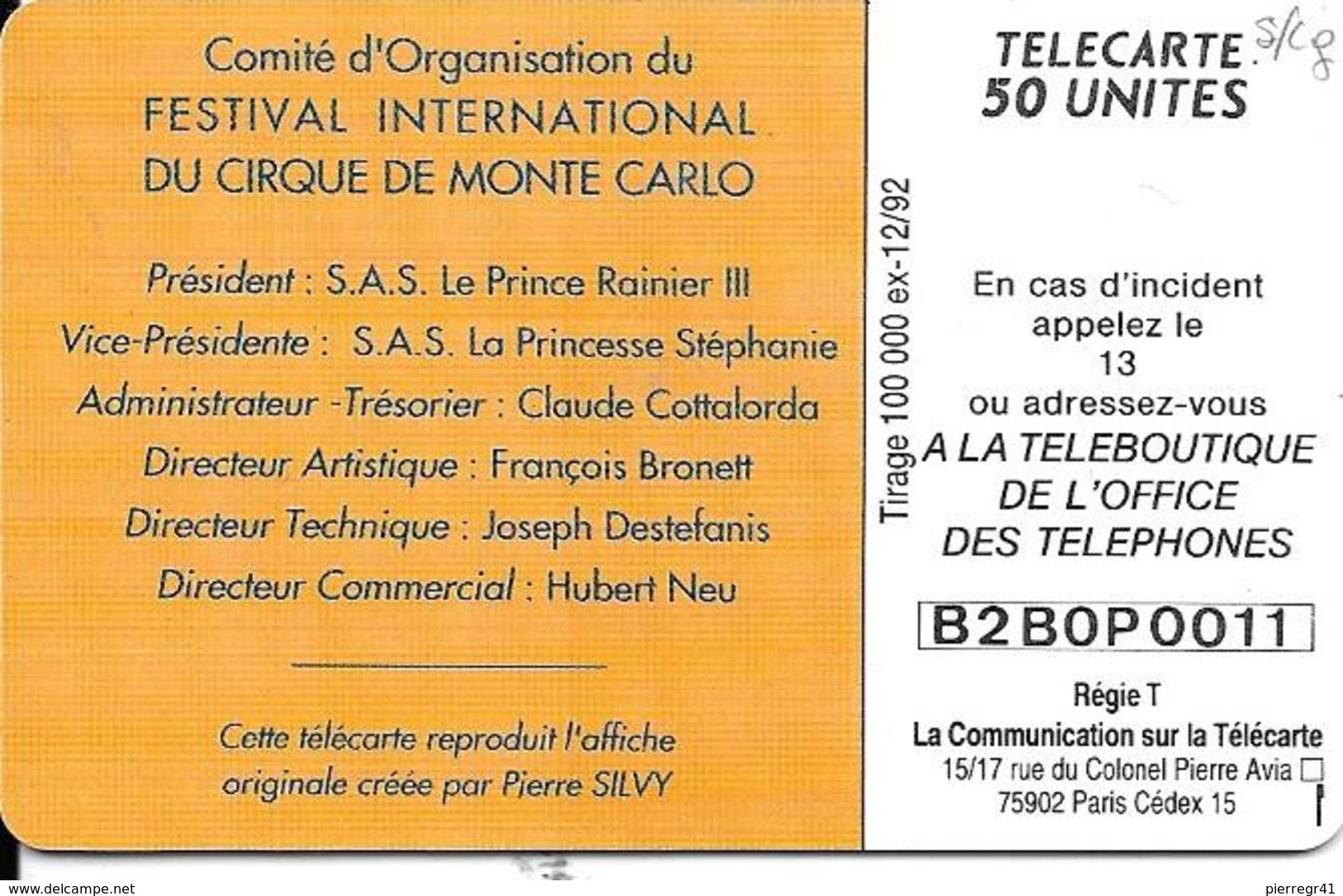 CARTE-PUBLIC-MONACO-50U-MF25-GEMA-S/2eLogo-12/92-17e FESTIVAL Du CIRQUE-UTILISE-V°N°B2B0P0011 / -TBE - Monaco