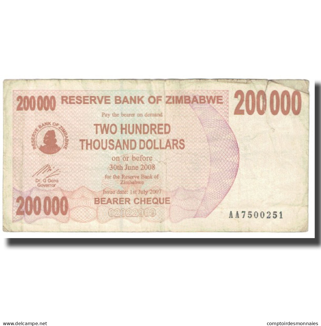 Billet, Zimbabwe, 200,000 Dollars, 2008, 2008-06-30, KM:49, B - Zimbabwe