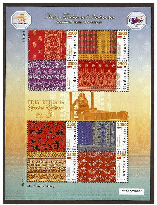 INDONESIA 2011 - Traditional TEXTILE Of INDONESIA - SPEC. EDITION Nr 3 Minisheet 8v MNH ** I762 - Indonesia