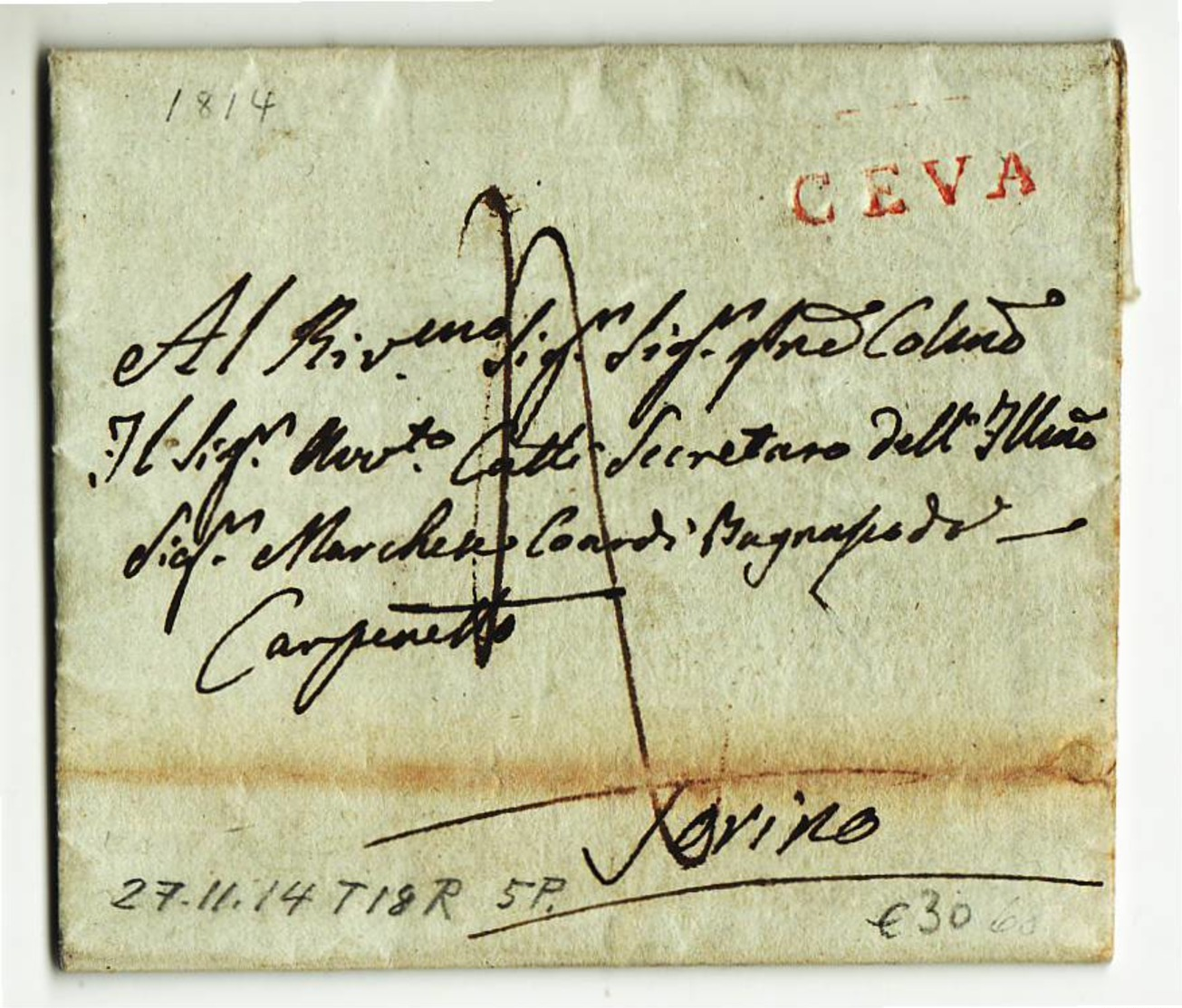 1492 PREFILATELICA CUNEO CEVA X TORINO 1814 CON TESTO - 1. ...-1850 Prephilately