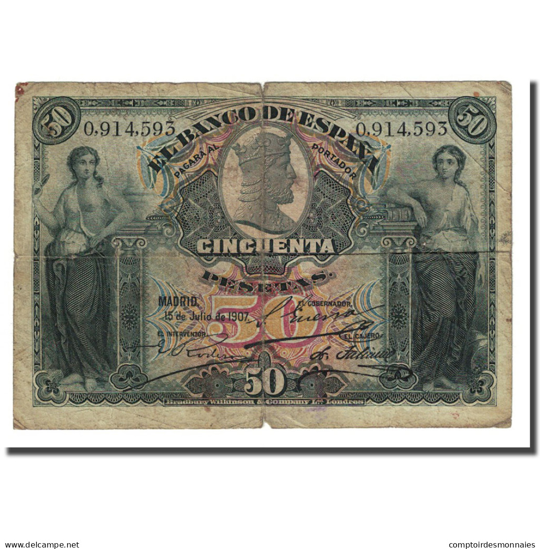 Billet, Espagne, 50 Pesetas, 1907-07-15, KM:63a, B+ - 50 Pesetas